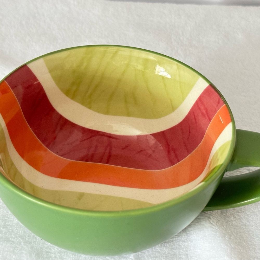 Starbucks Vibrant Green Coffee Low Barista Mug Striped Interior Green Orange EUC